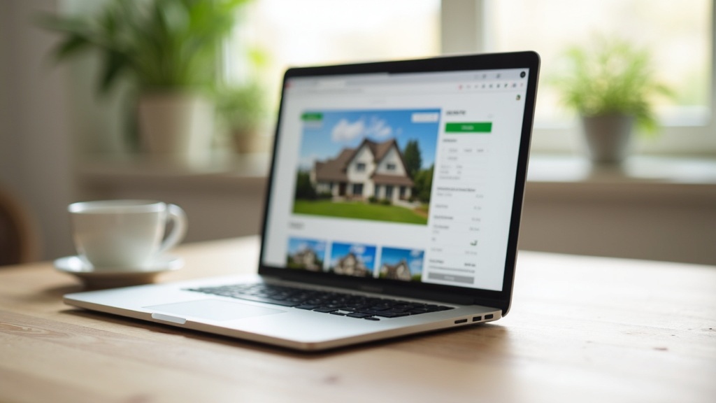 Laptop mit Immobilien-Inserat auf dem Schreibtisch