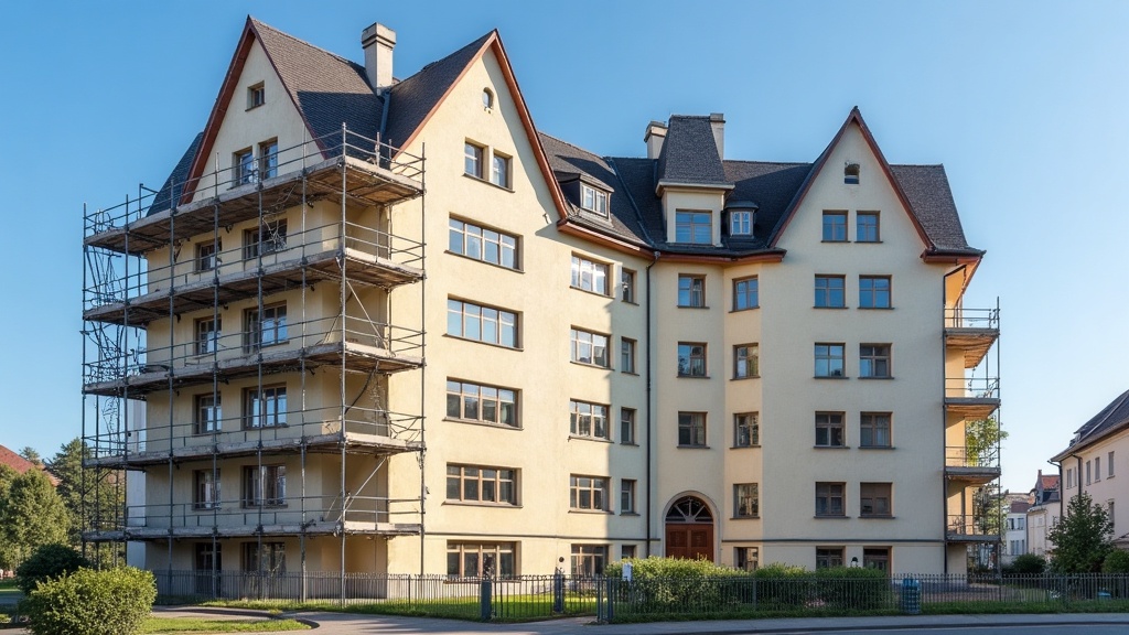 Mehrfamilienhaus mit Gerüst, halb saniert — Modernisierung vor dem Verkauf