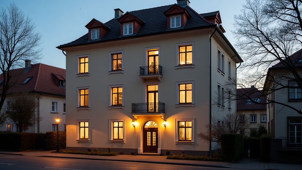 Vermietetes Mehrfamilienhaus bei Abendlicht — Wohnungen aller Mieter beleuchtet
